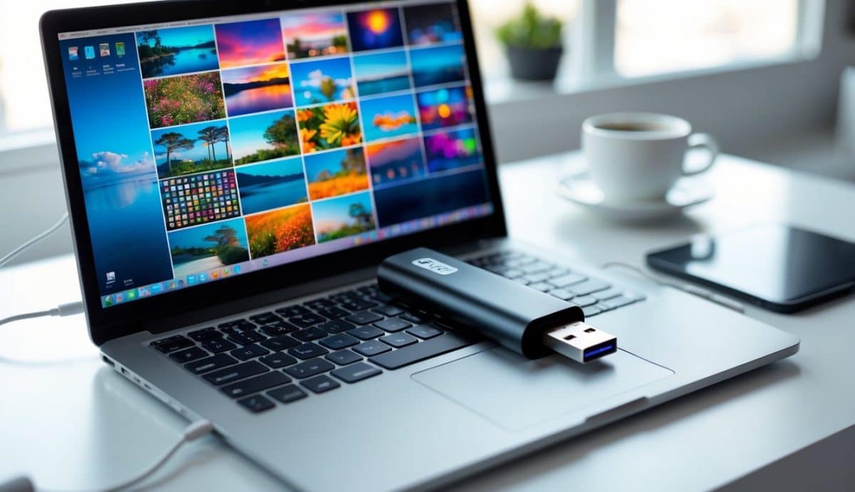 Illustration of a usb storage drive beside a laptop photo library