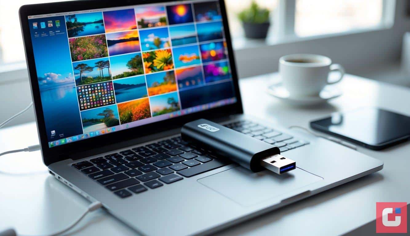 Illustration of a usb storage drive beside a laptop photo library